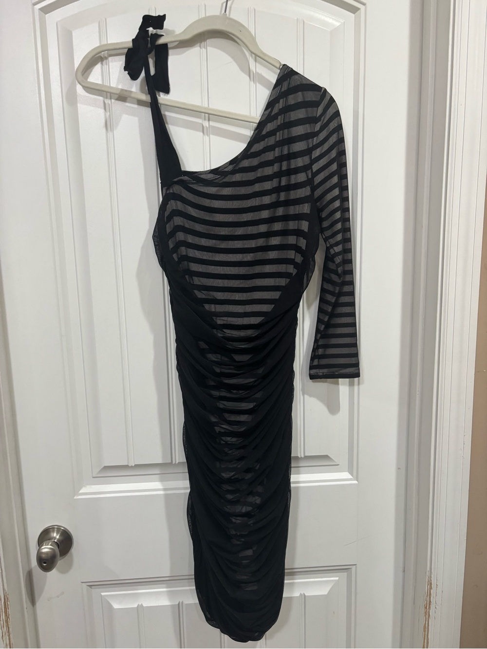BCBGMaxAzria Black and Gray One-Shoulder Striped Ruched Dress